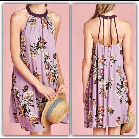 Veronica- purple floral cage back dress - Picture 3 of 8